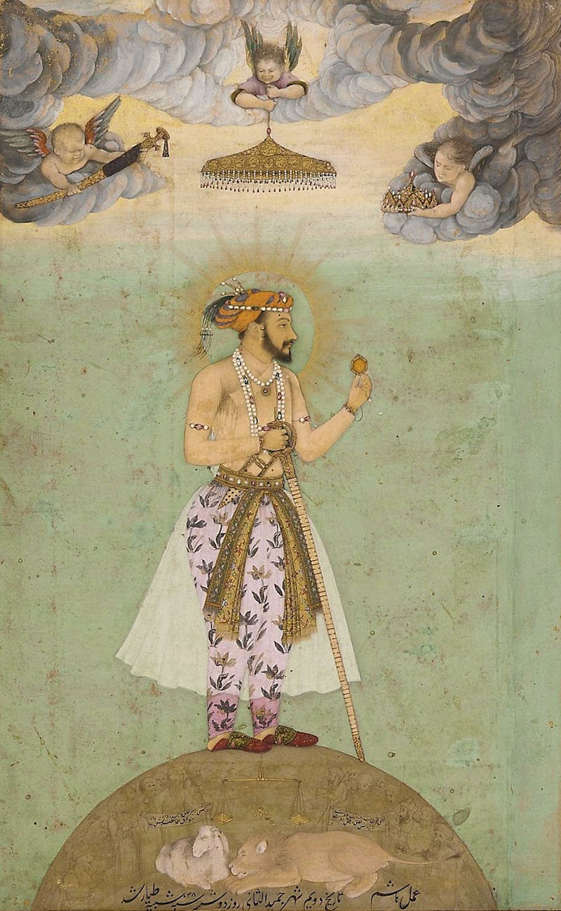 A painting of Shah Jahan standing on a globe with a halo around his head and angels holding a crown, umbrella and sword
