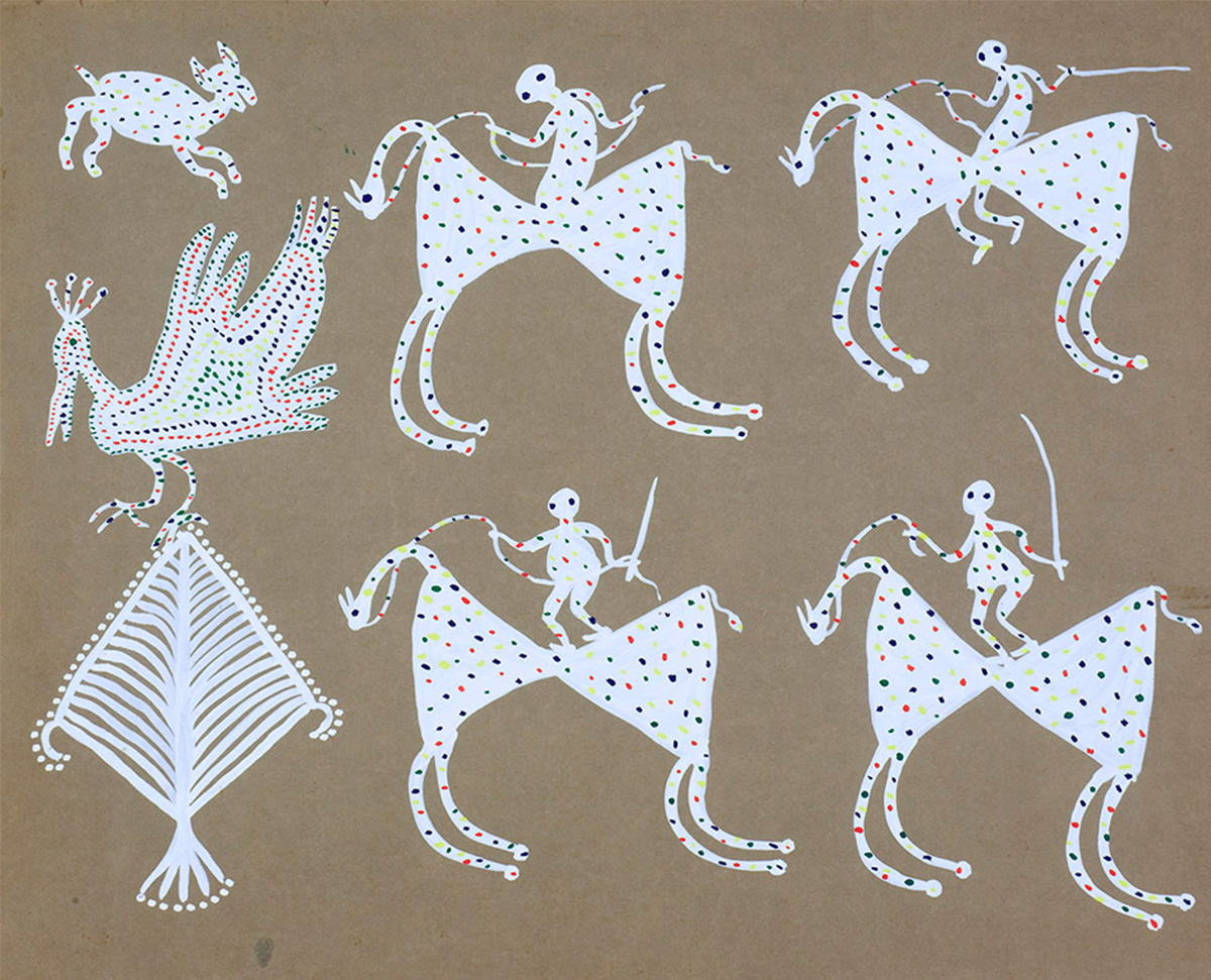 A painting depicting a bird, an animal and figures riding animals.