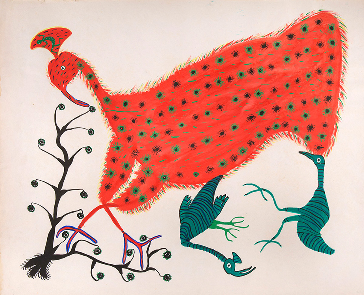 A painting depicting a large red-coloured bird, and two smaller birds in blue.