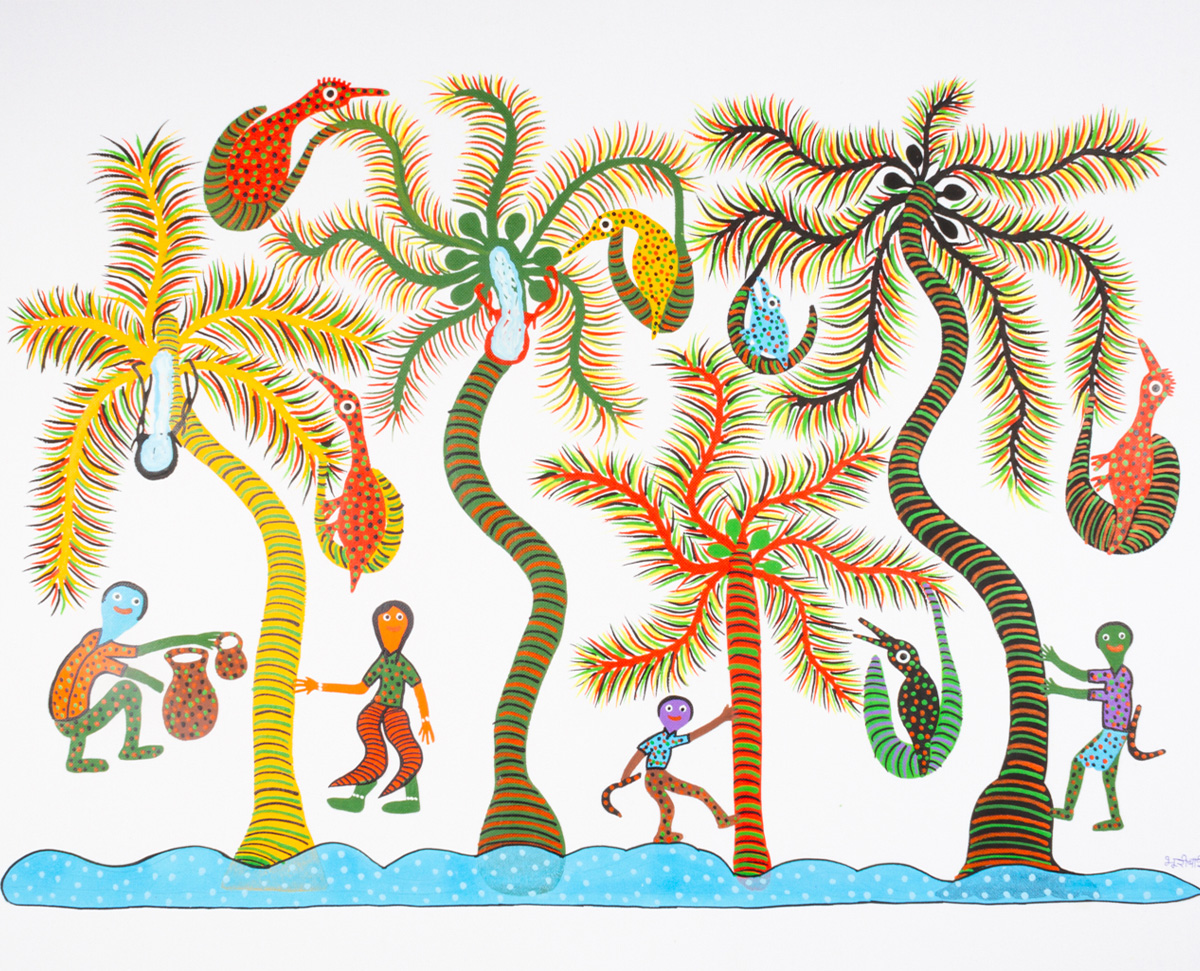 A painting of four palm trees with birds perched on them and human figures collecting sap and climbing trees.