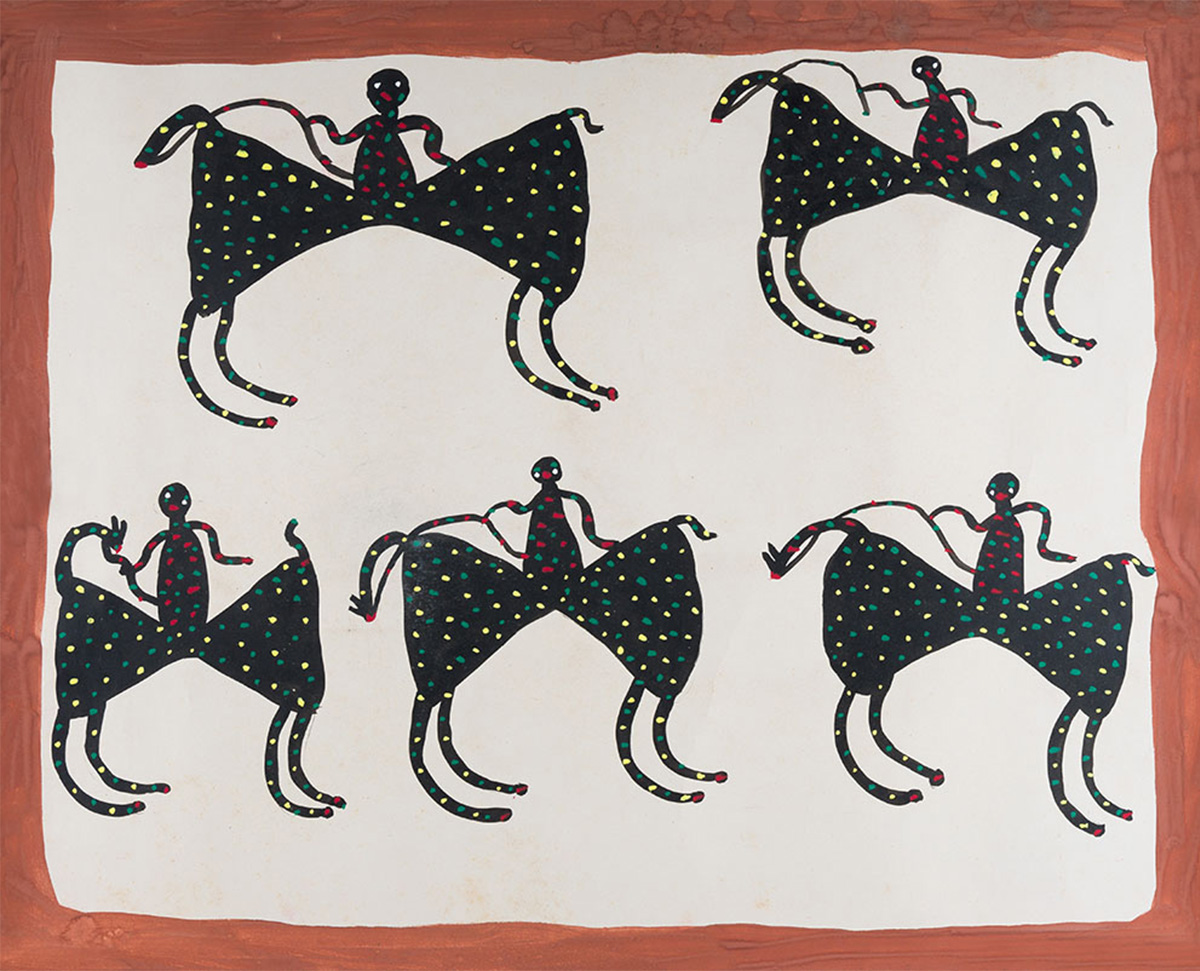 A painting of five figures, each riding an animal.