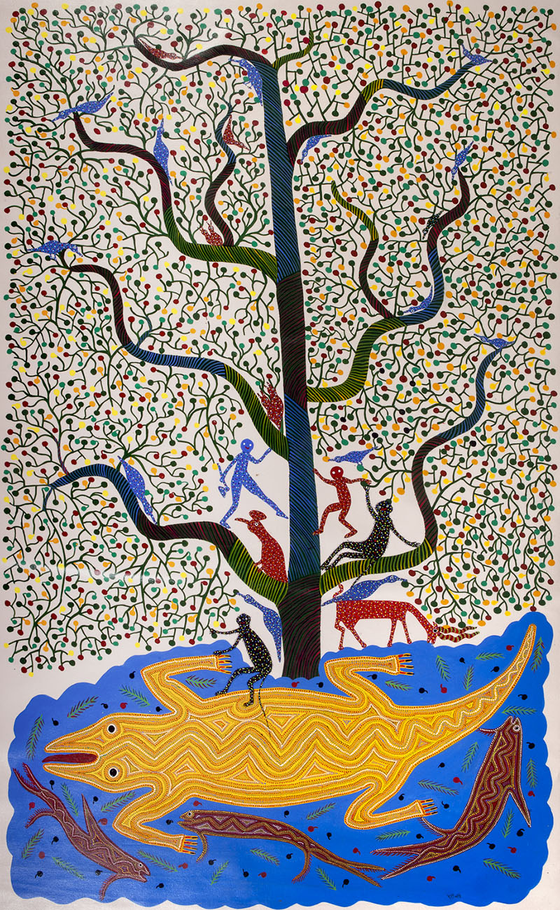 A painting of a monkey seated on a crocodile in the water, below a large tree with birds and animals.