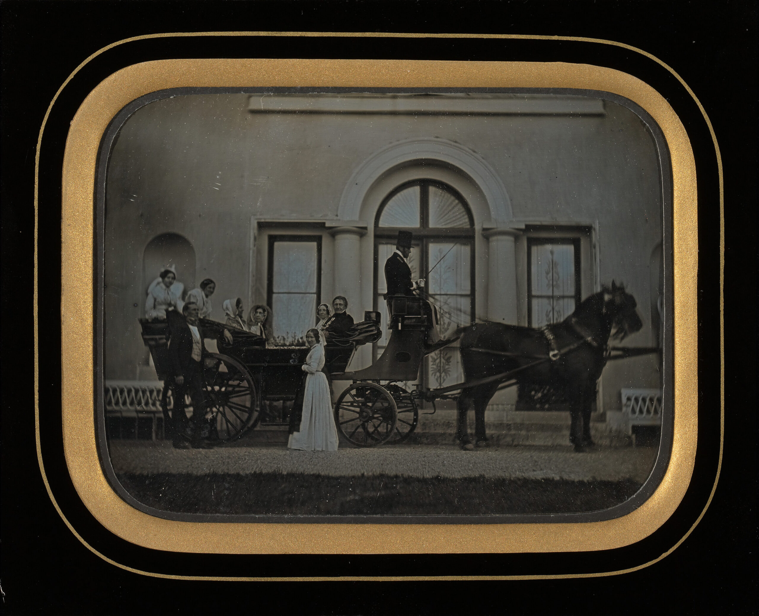 Mid 19th century daguerrotype photograph by Jean-Gabriel Eynard of a carriage with figures seated and standing in front of it