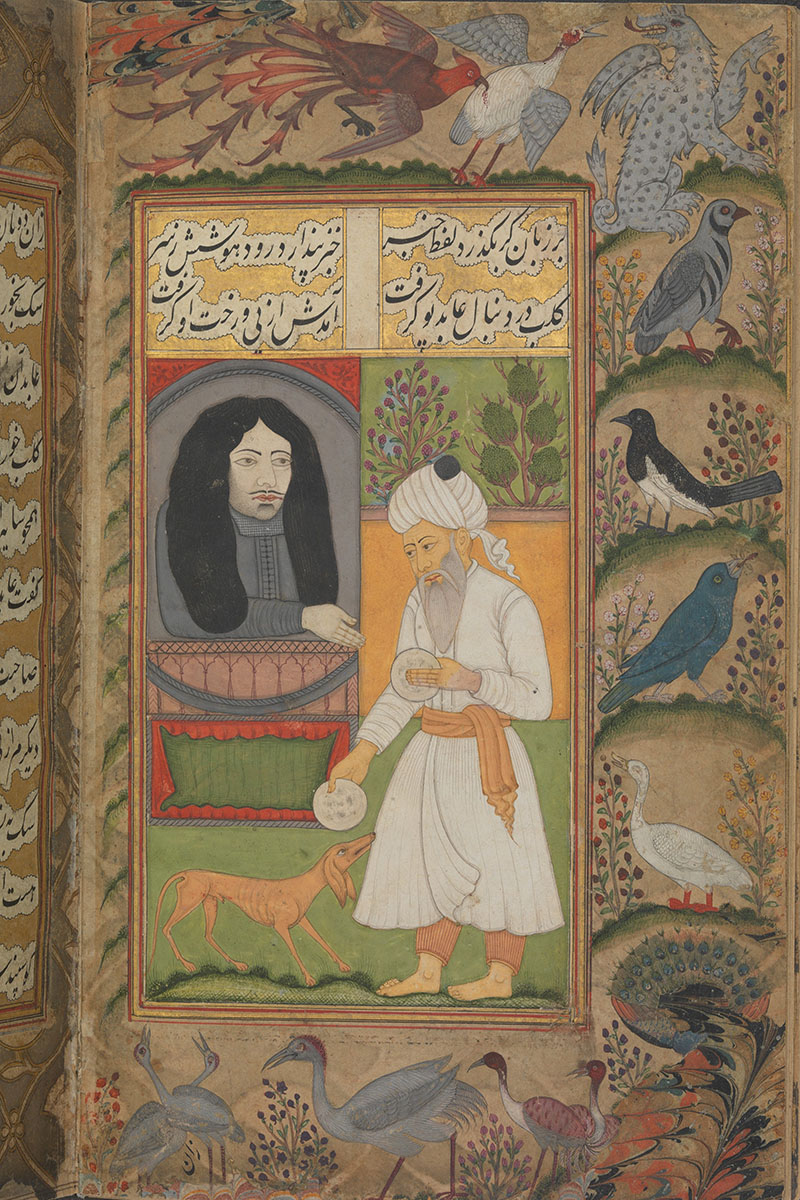 A painting depicting an ascetic receiving bread from an Englishman and being chided by a dog.