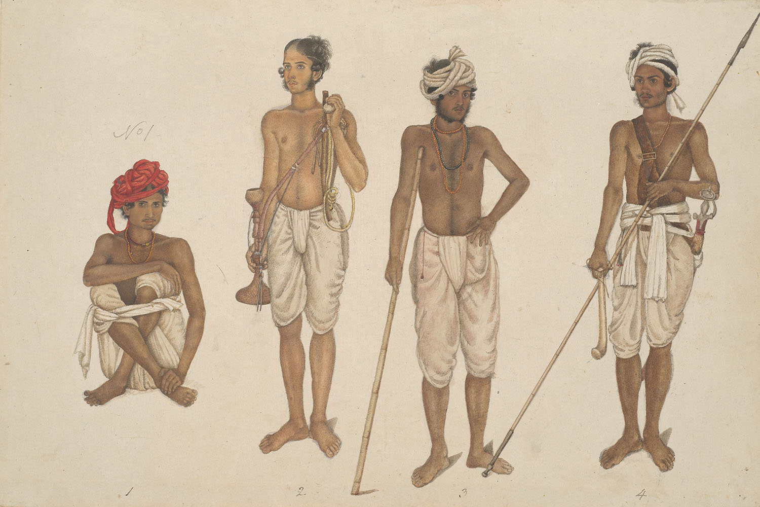 A painting depicting four men wearing white dhotis. One is seated while three stand, and two of the standing men bear lathis.