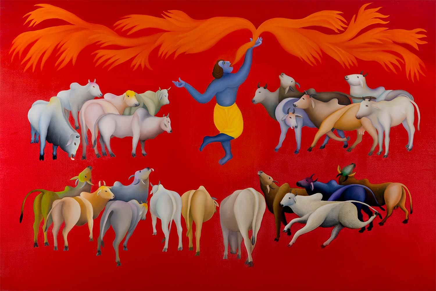 An oil painting depicting the deity Krishna eating fire, surrounded by groups of cows, with a bright red background.