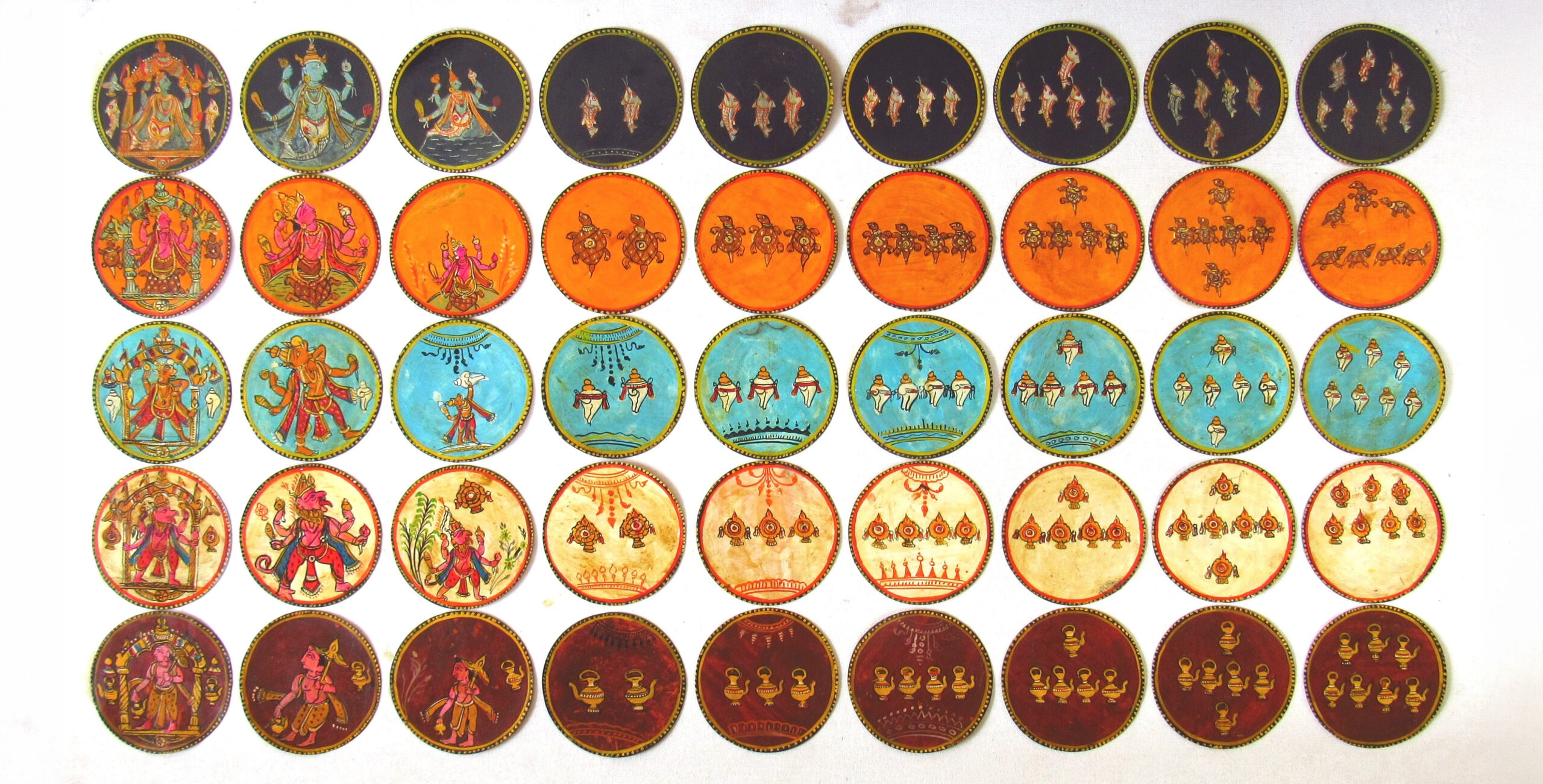 Photograph of a set of Ganjifa cards with mythological figures from Mysore (Mysuru)