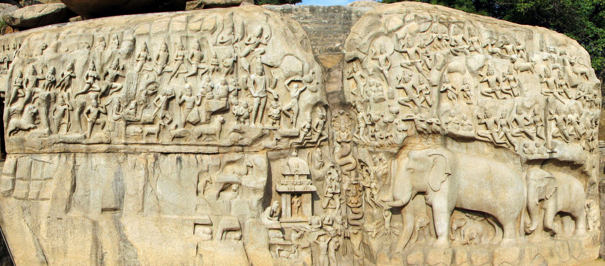 Photograph of the 7th century bas relief in Mamallapuram showing the descent of the Ganges