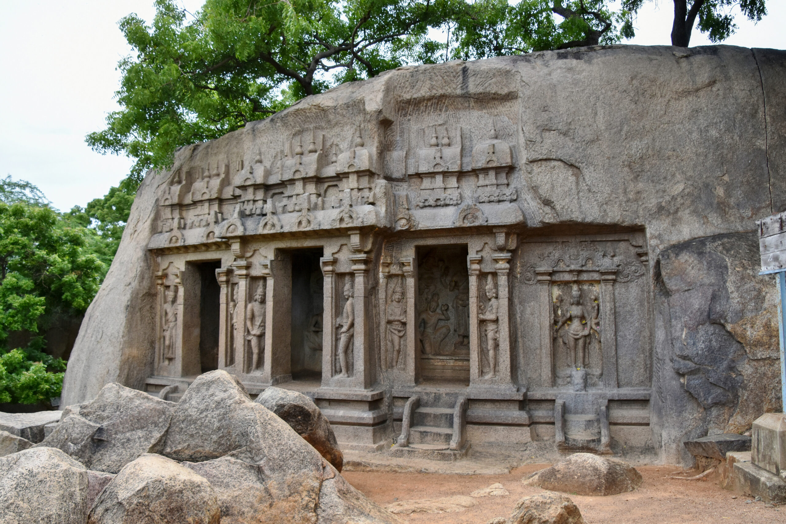 Photograph of the front facade of the Trimurti Cave Temple in Mamallapuram