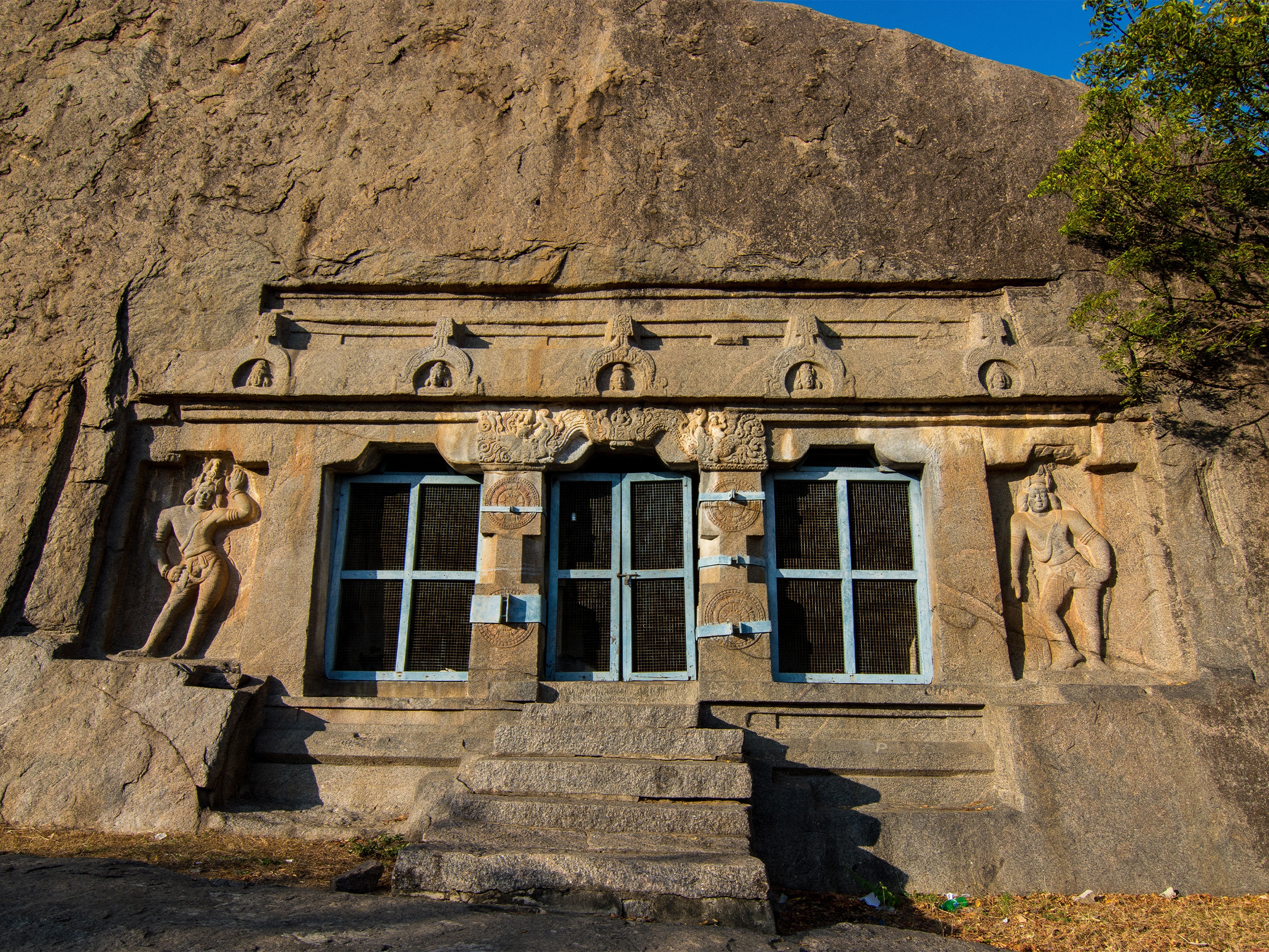 Photograph of the 7th century dated front facade of the Dalavanur Satrumalla Cave Temple in Mamallapuram