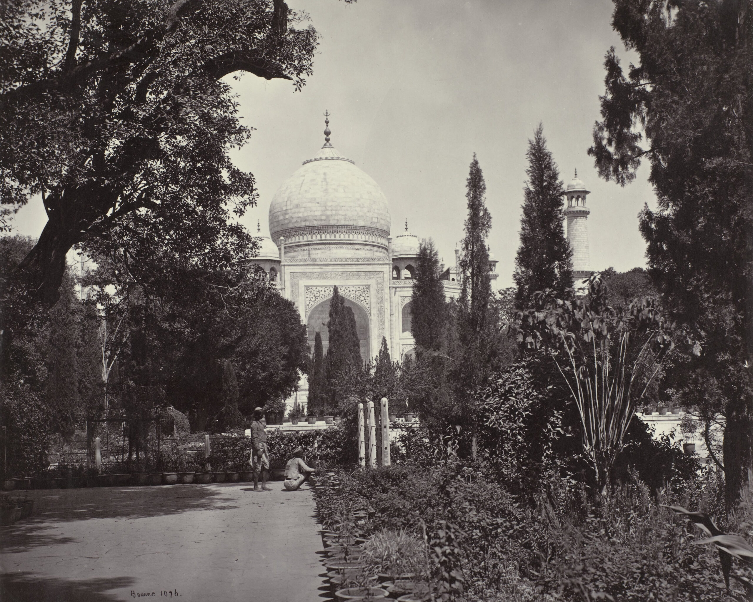 Mid-19th century albumen print of an archival photograph by Samuel Bourne showing the Taj Mahal and the surrounding garden