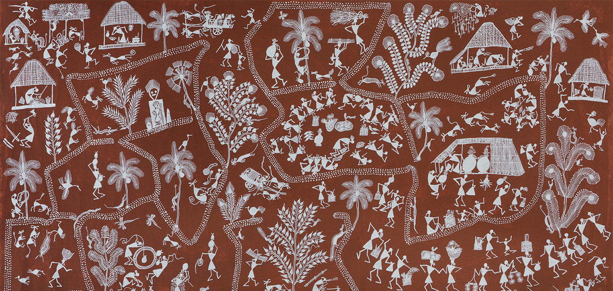 A Warli painting depicting the different activities and sites within a village.