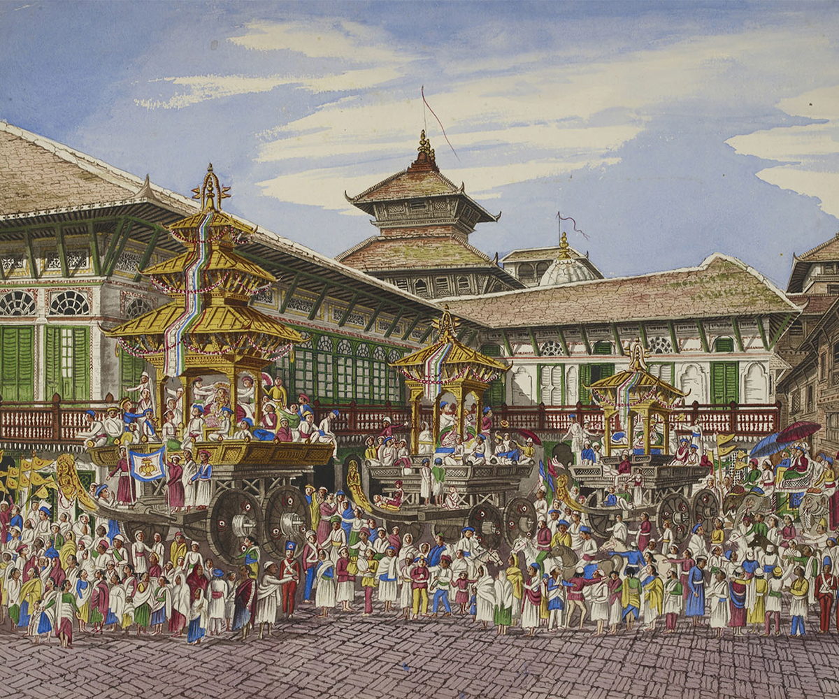Colour illustration showing three temple cars outside the Hanuman Dhoka during the Kumari Jatra festival