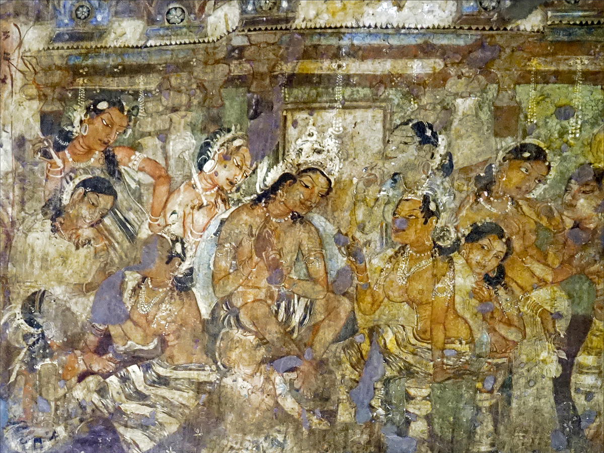 Photograph a mural in Ajanta Cave 1, showing a seated kingly figure surrounded by female attendants in a scene from the Mahajanaka Jataka