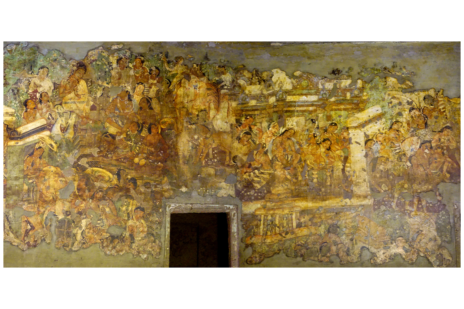 Photograph of a mural in Ajanta Cave 1, showing various scenes from the Mahajanaka Jataka