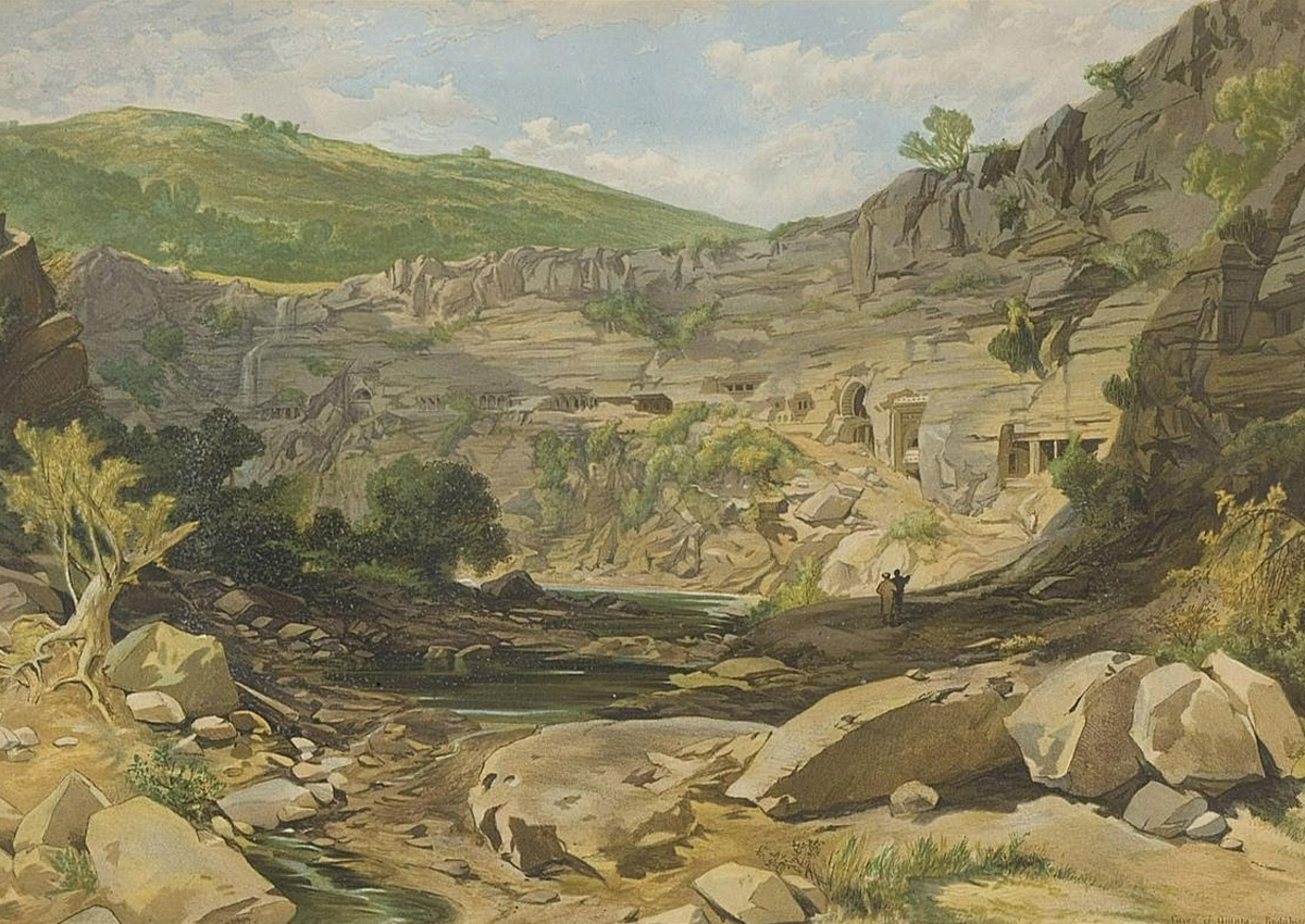 Chromolithograph by William Simpson showing a landscape with the Ajanta caves and two figures