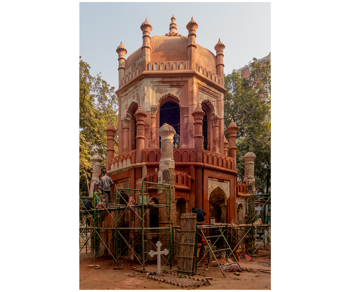 Photograph of ongoing restoration work at the Columbo Sahib tomb
