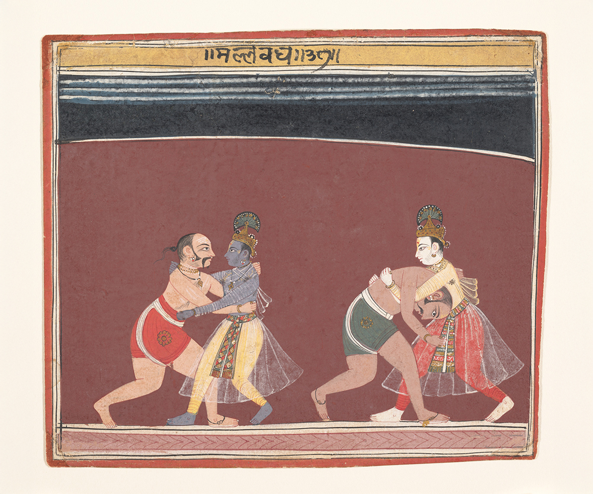Malwa watercolour painting from a Bhagavata Purana showing Krishna and Balaram fighting Kamsa's wrestlers