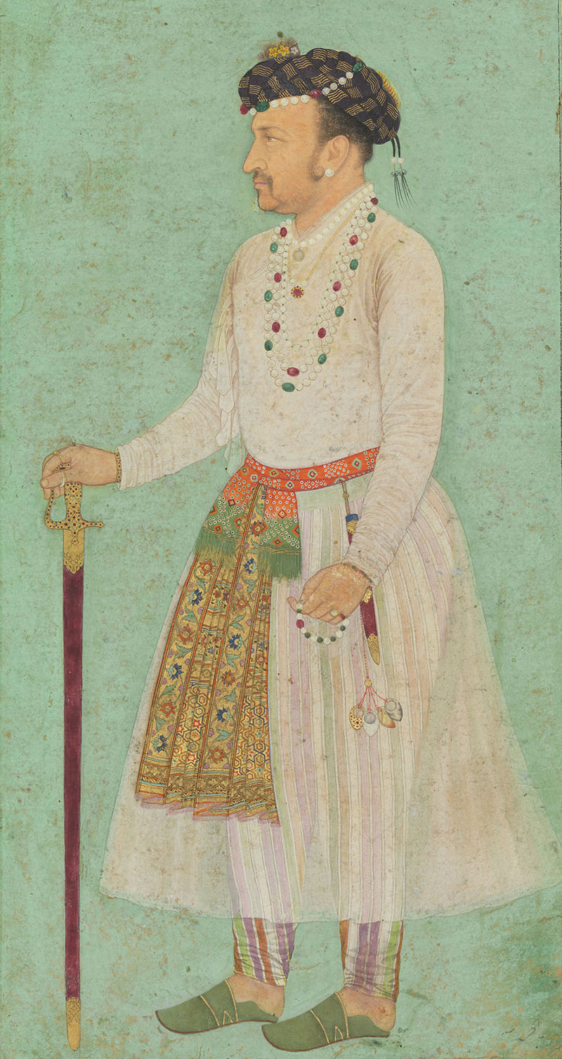 Mughal painting by Balchand showing Jahangir in a white jama with a long and a short patka