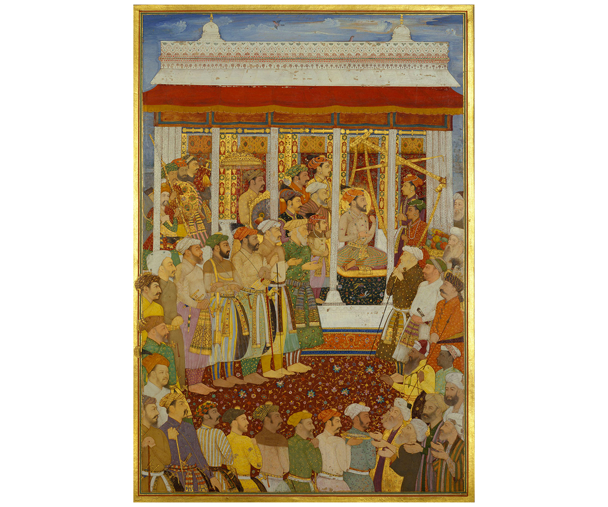 Mughal watercolour illustration by Bhola from a Padshahnama showing the weighing of Shah Jahan
