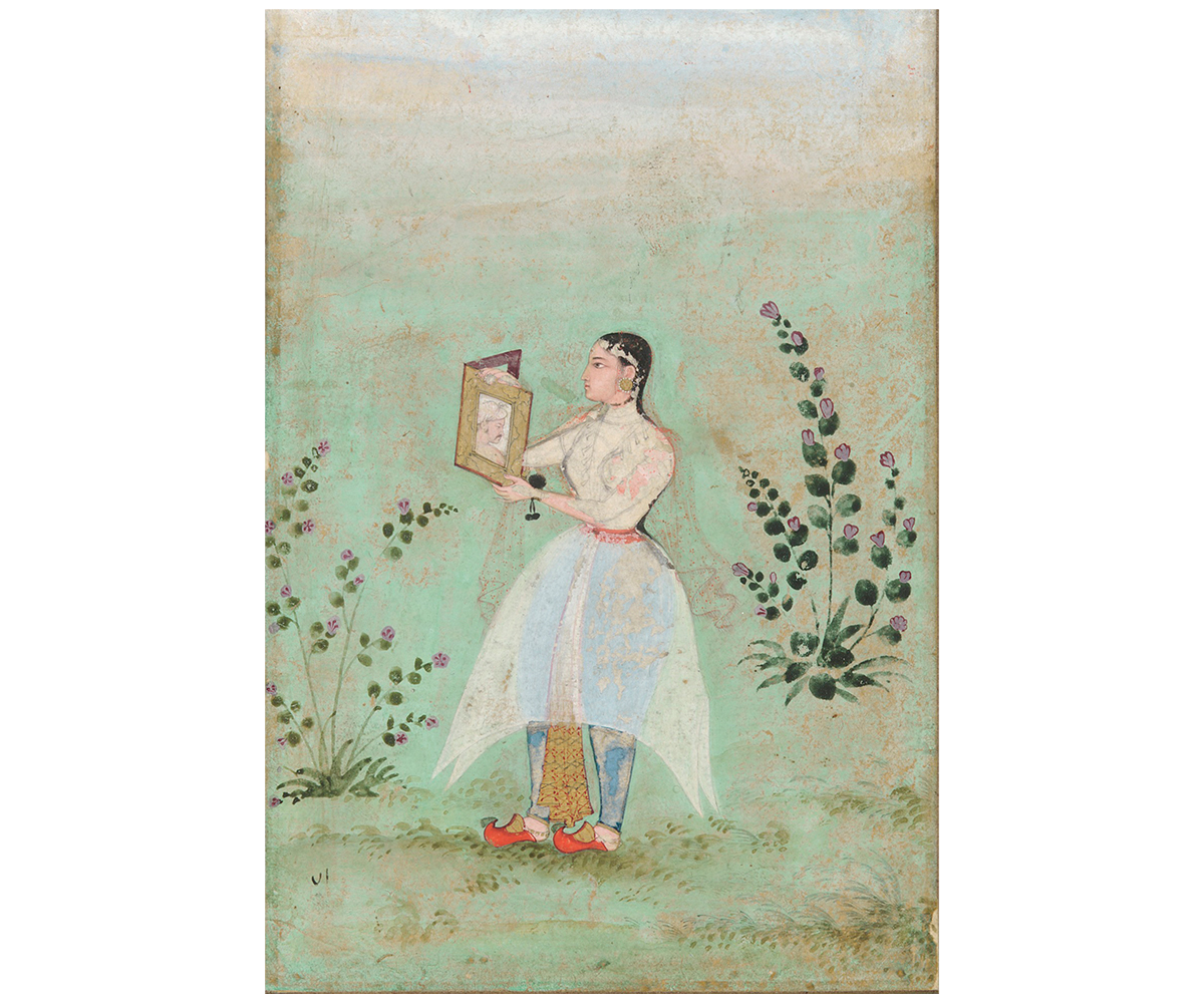 Mughal watercolour painting of a lady holding a portrait of Jahangir
