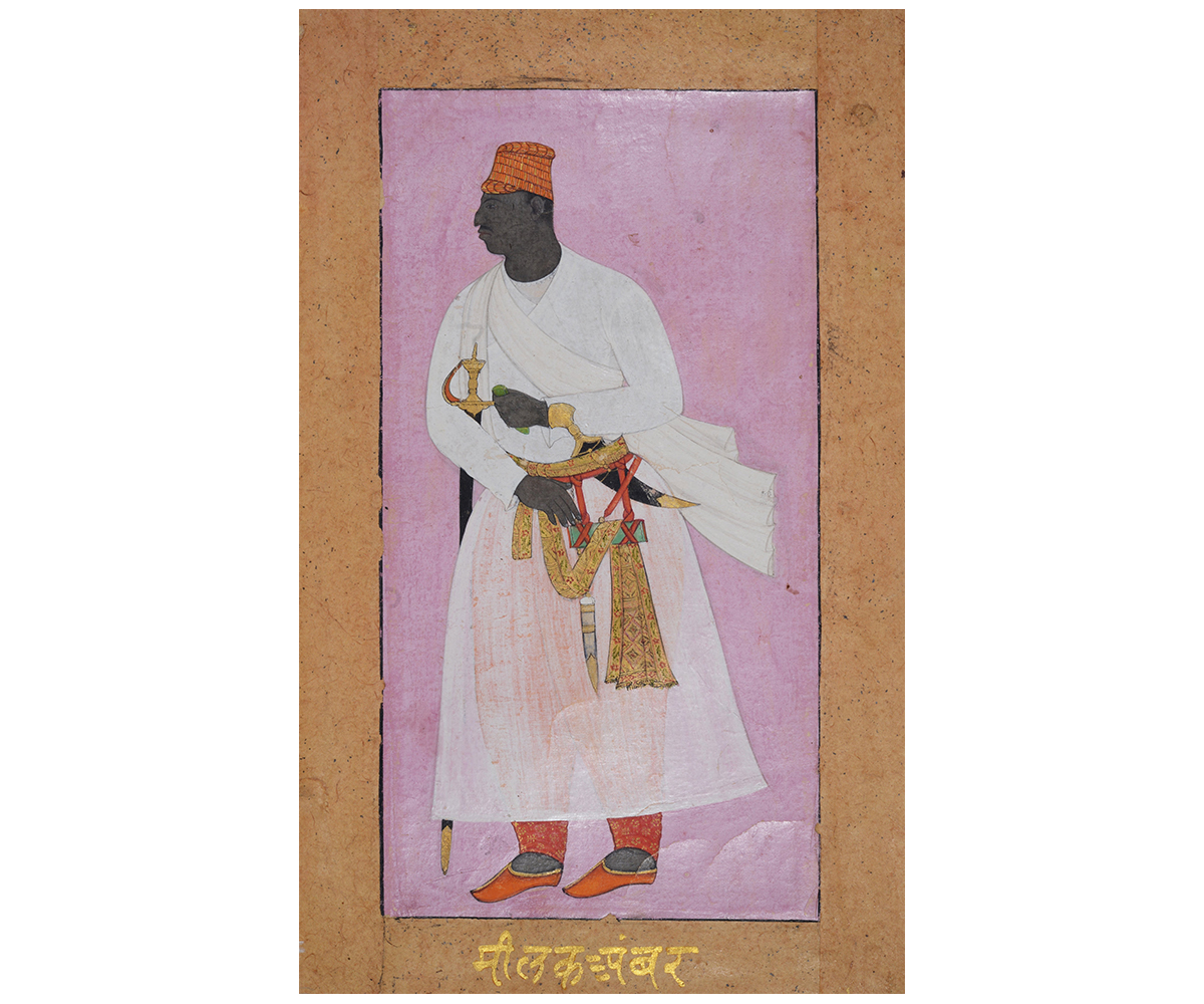 Deccan painting of Malik Ambar in a jama, turban, loose trousers and patka, carrying a sword, daggers and writing case