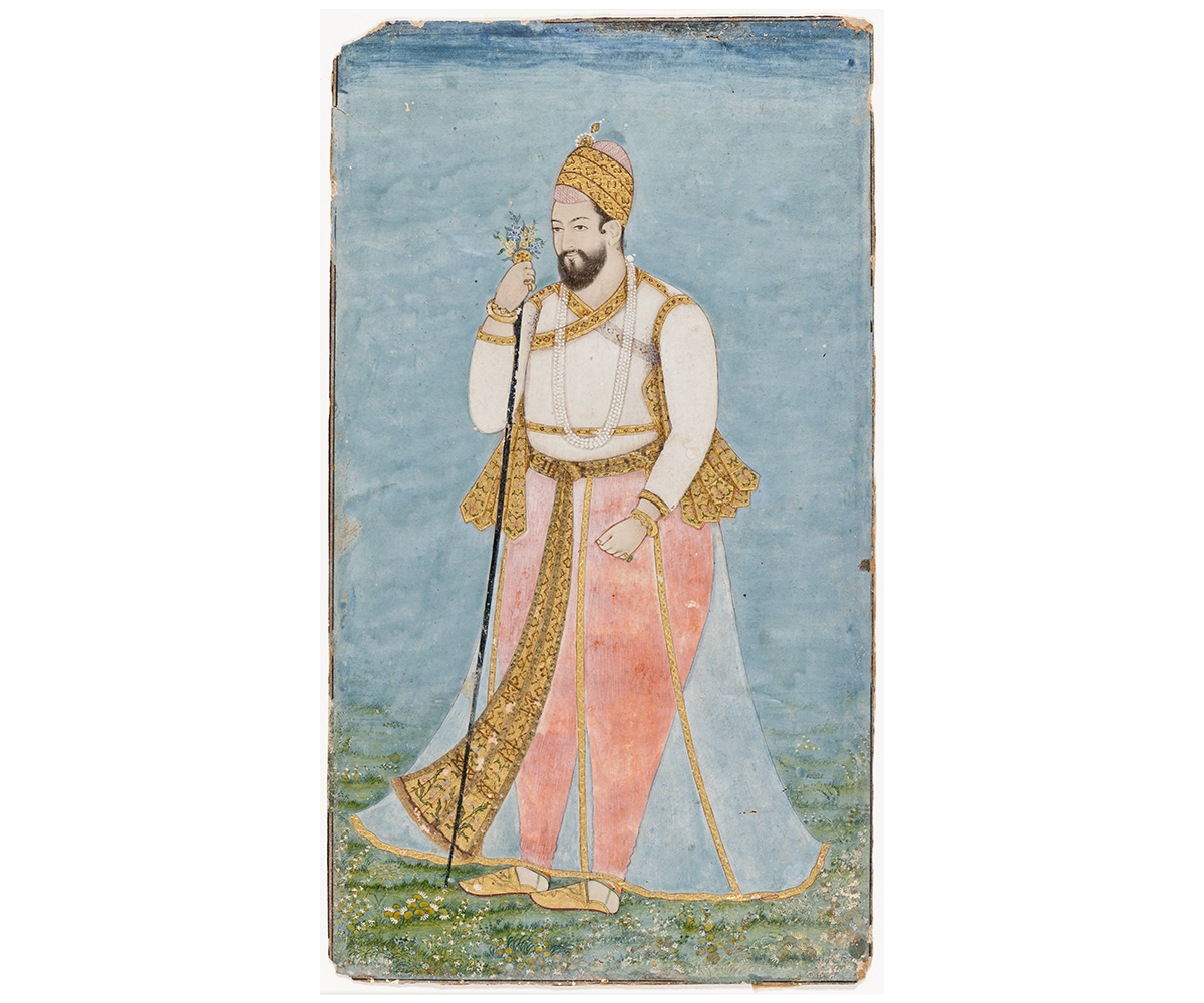 Bijapur watercolour painting of Sultan Ibrahim Adil Shah II in a white jama and a gold brocade patka holding staff and nosegay