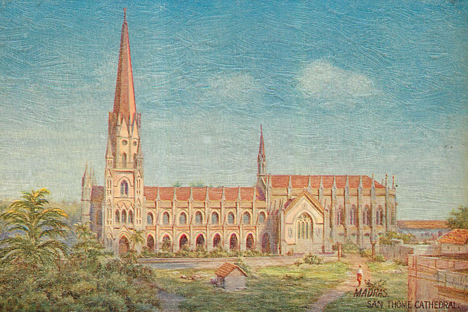 Painted 20th-century postcard showing the side view of the Santhome Basilica