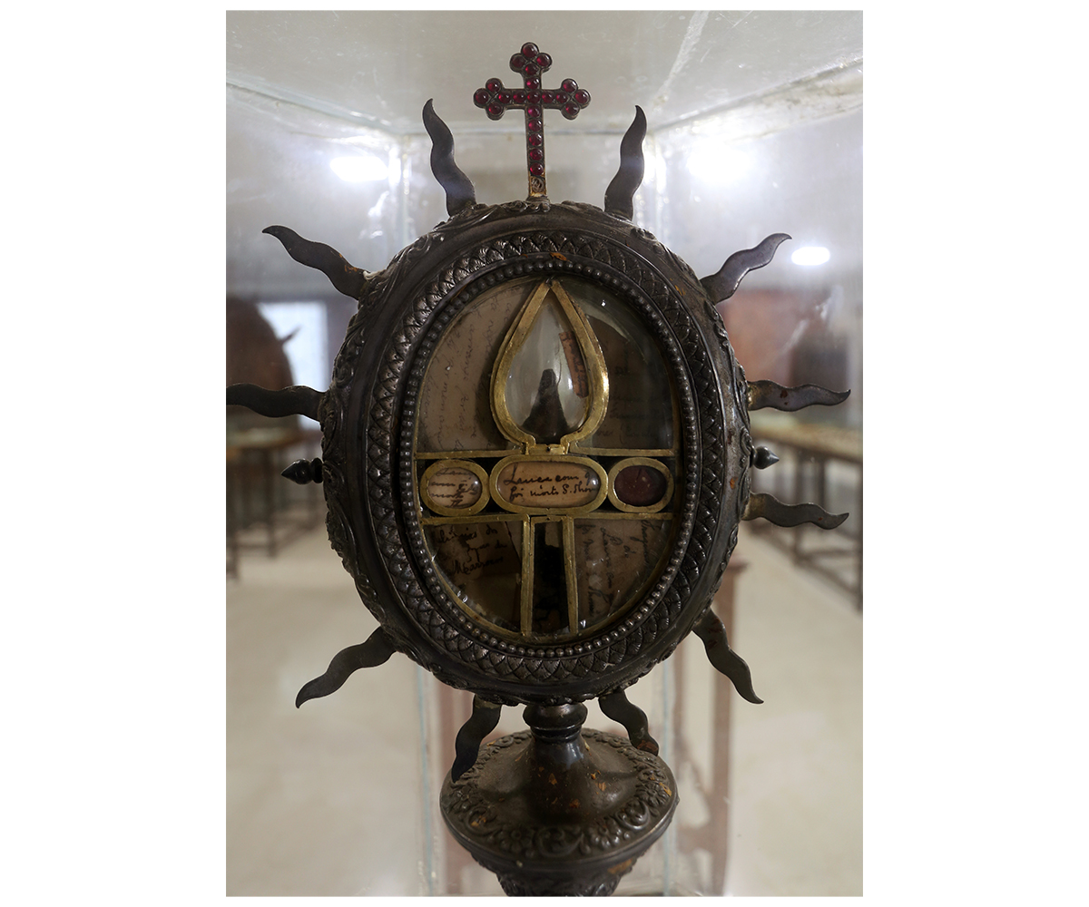 Photograph of a spearhead that is believed to have killed Thomas the Apostle, housed in church museum