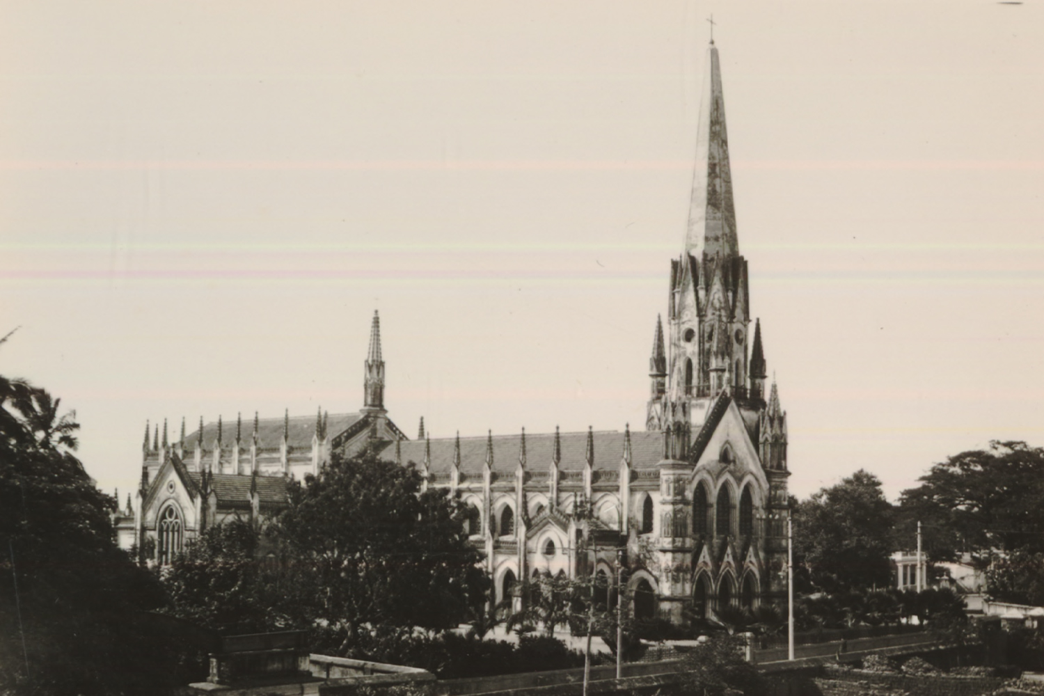 20th-century monochromatic photograph of Santhome Basilica from afar
