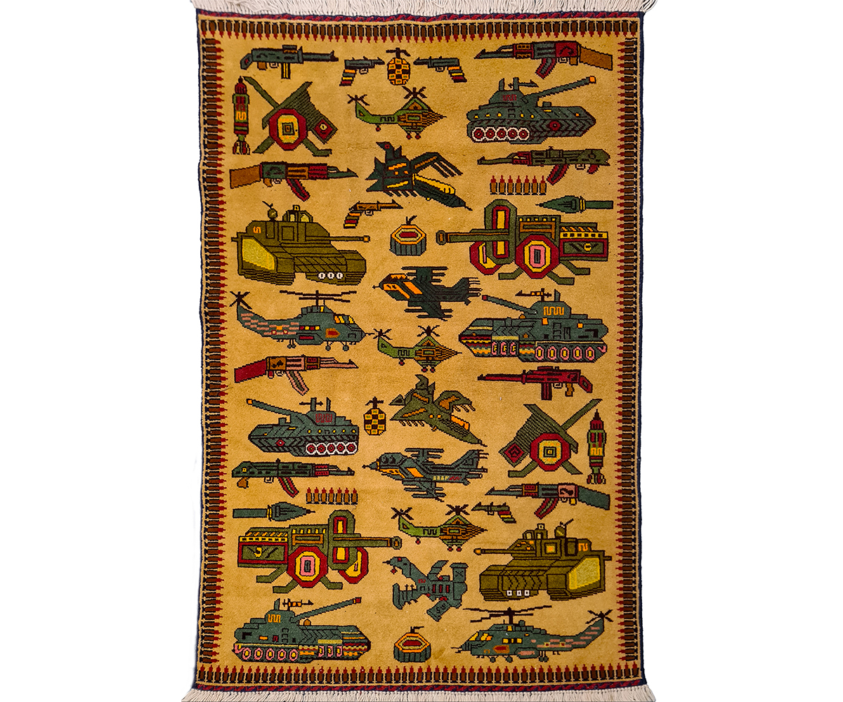 Afghan war rug with motifs of Soviet armoured vehicles and weapons in 3 columns against a yellow ground