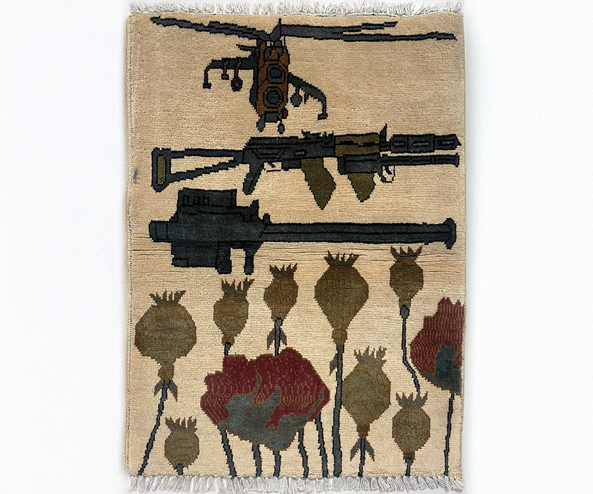 Beige coloured Afghan war rug depicting a helicopter, assault rifles and poppy plants