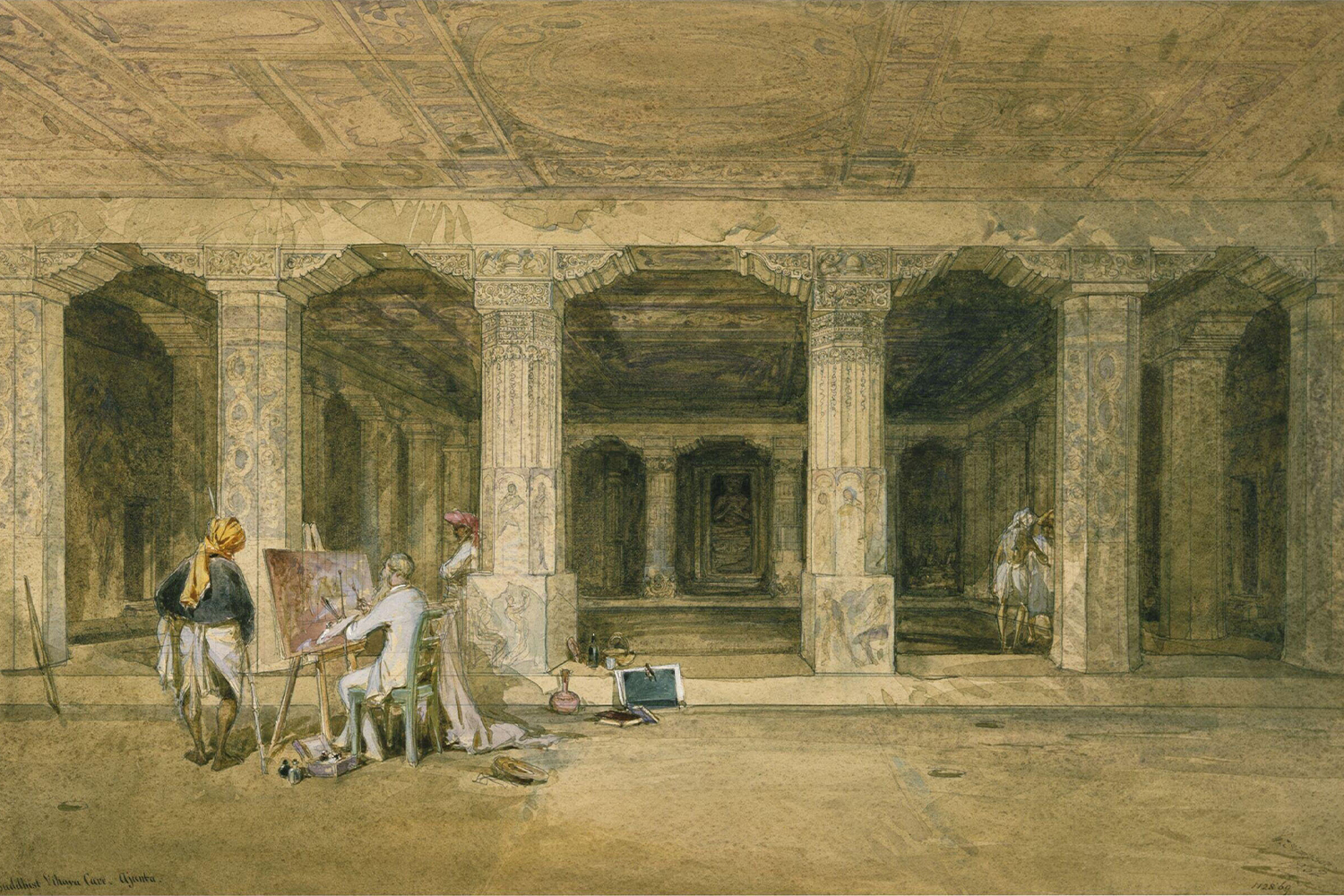 Watercolour painting by William Simpson showing Robert Gill painting at the Ajanta Caves flanked by two Indian assistants