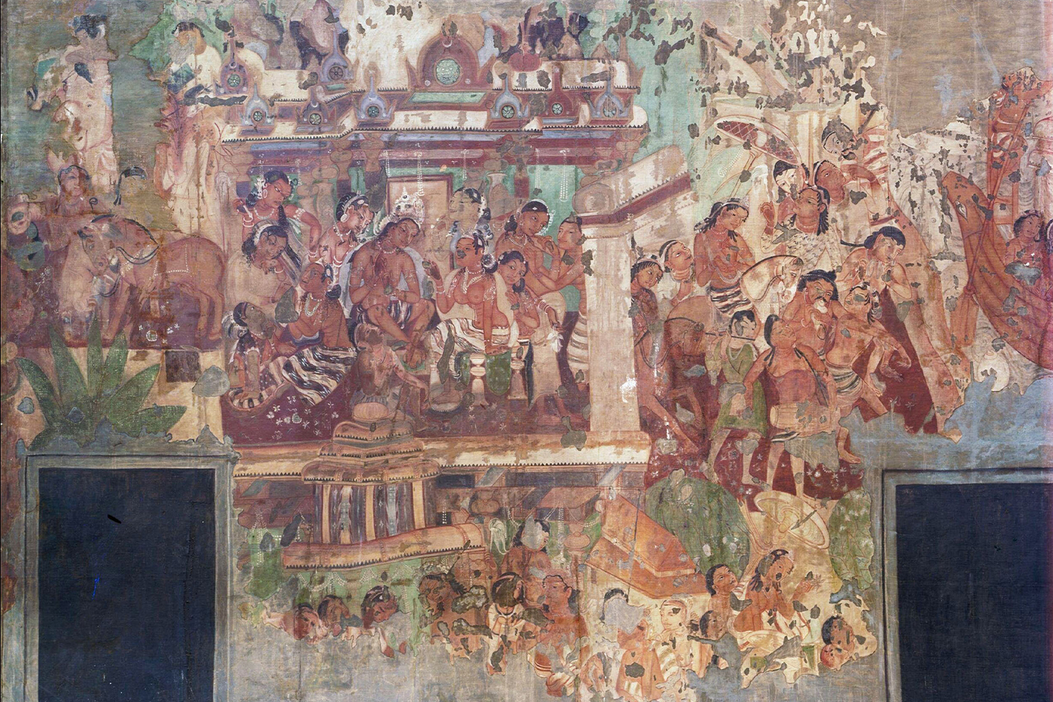Copy of the Mahajanka Jataka scene mural in Ajanta Cave 1 as oil painting, by John Griffiths and other students of the Bombay School of Art