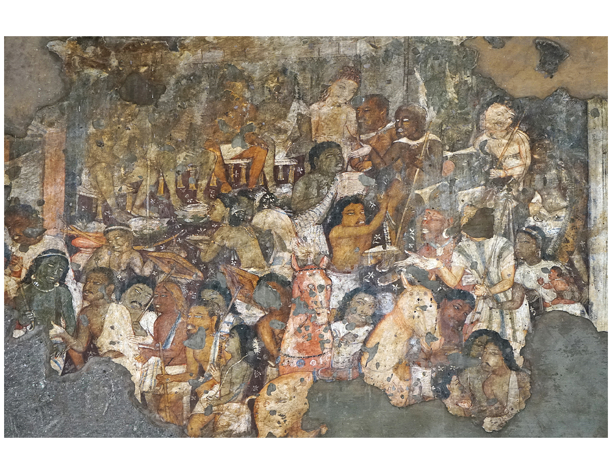 Photograph of a mural in Ajanta Cave 17 showing a princely figure giving charity to numerous people
