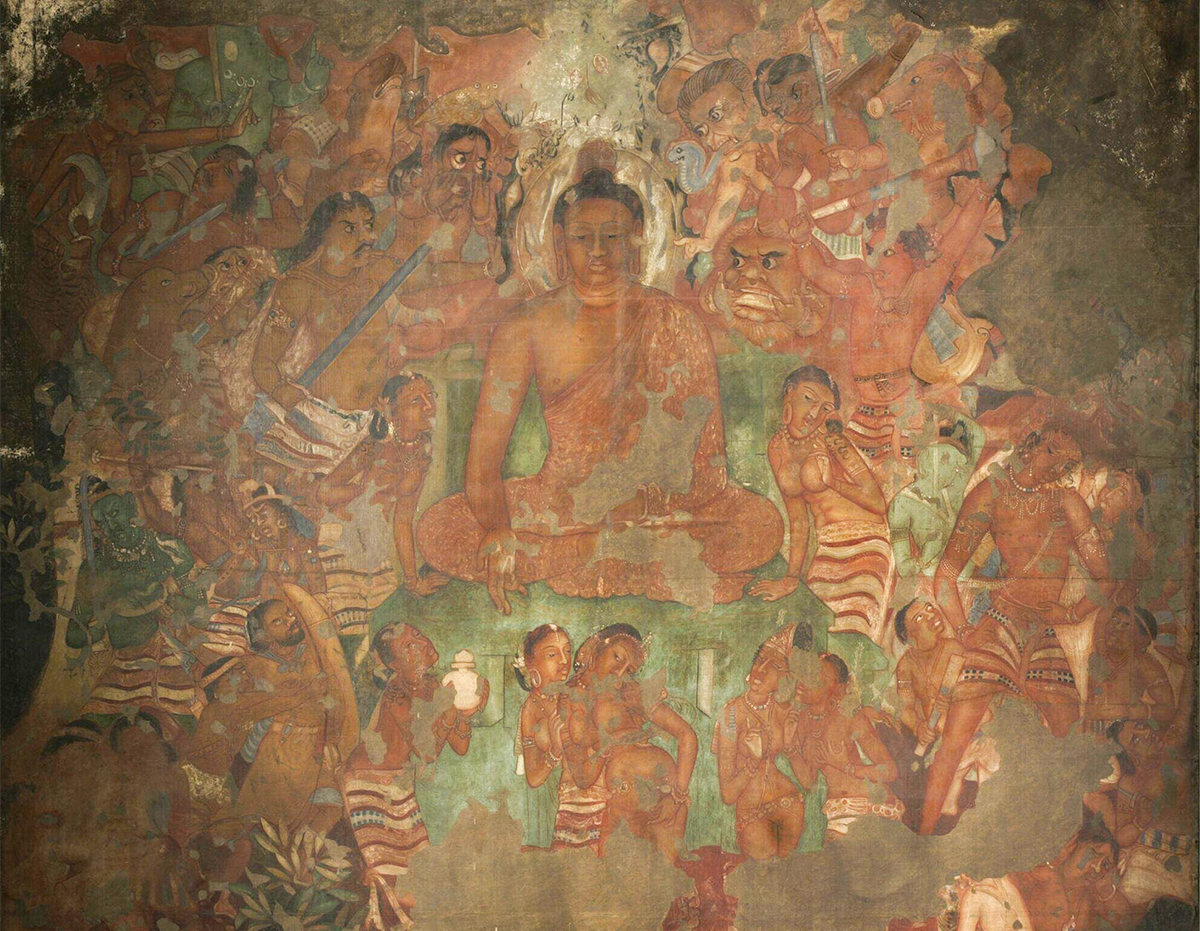 Copy of a mural from Ajanta Cave 1 as oil paintings by John Griffiths and other students of the Bombay School of Art showing the assault of Mara's army on the Buddha