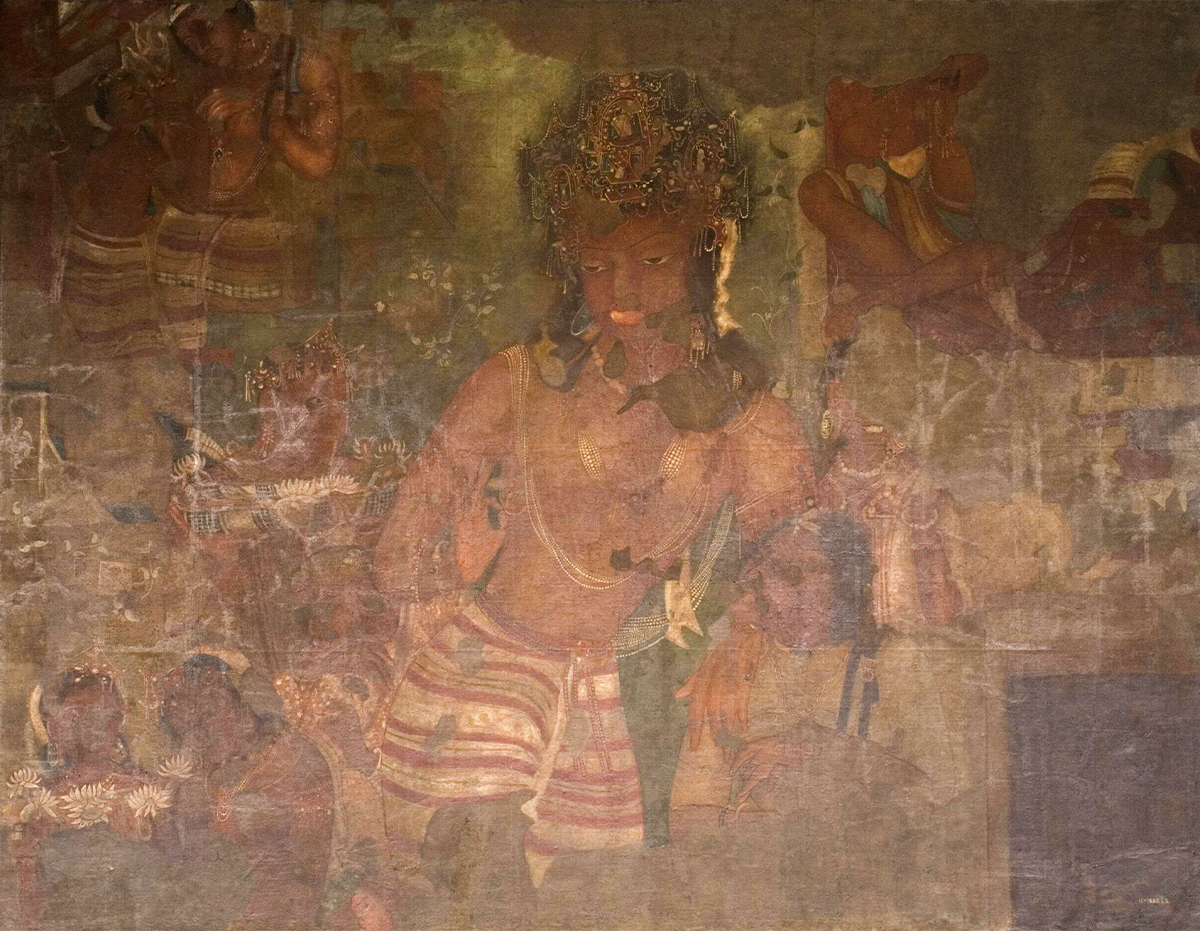 Copy of a mural from Ajanta Cave 1 as oil paintings by John Griffiths and other students of the Bombay School of Art showing Vajrapani
