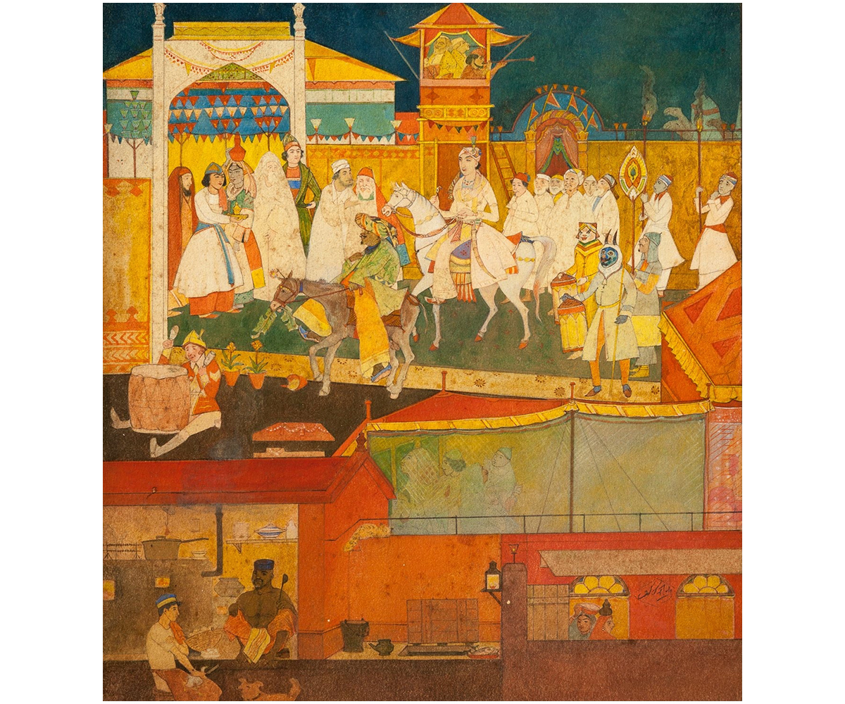Mughal miniature-style watercolour painting by Abanindranath Tagore titled Marriage of Nuruddin, showing wedding procession and tents