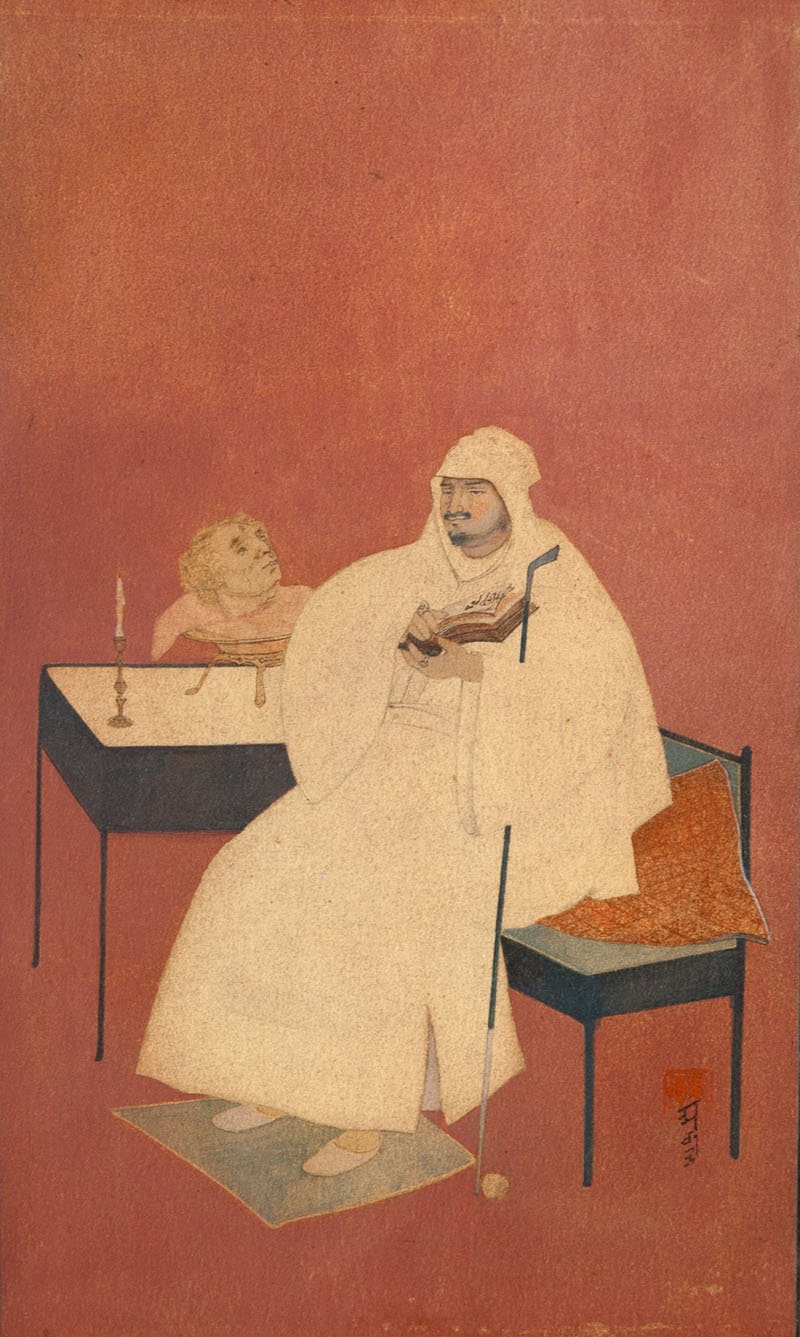 Watercolour painting by Abanindranath Tagore titled Greek King and the Physician showing a figure in a white robe holding a manuscript seated next to a head