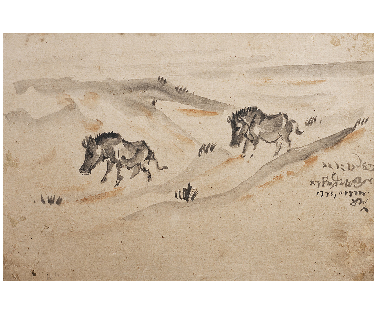 Watercolour painting by Nandalal Bose depicting two boars in a landscape