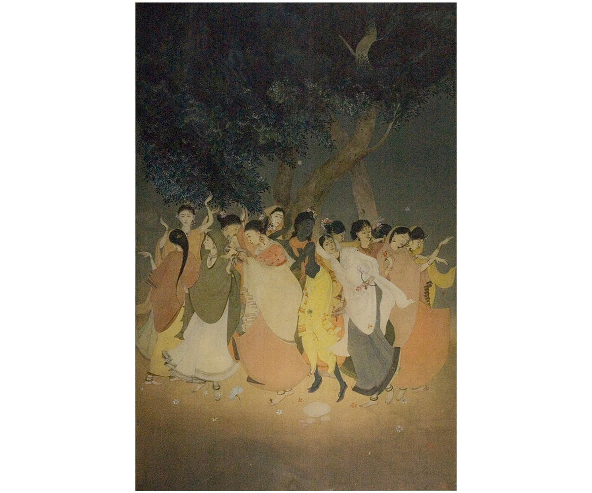 Wash and tempera painting by Kshitindranath Majumdar titled Rasa Lila depicting Krishna dancing with the gopis at night
