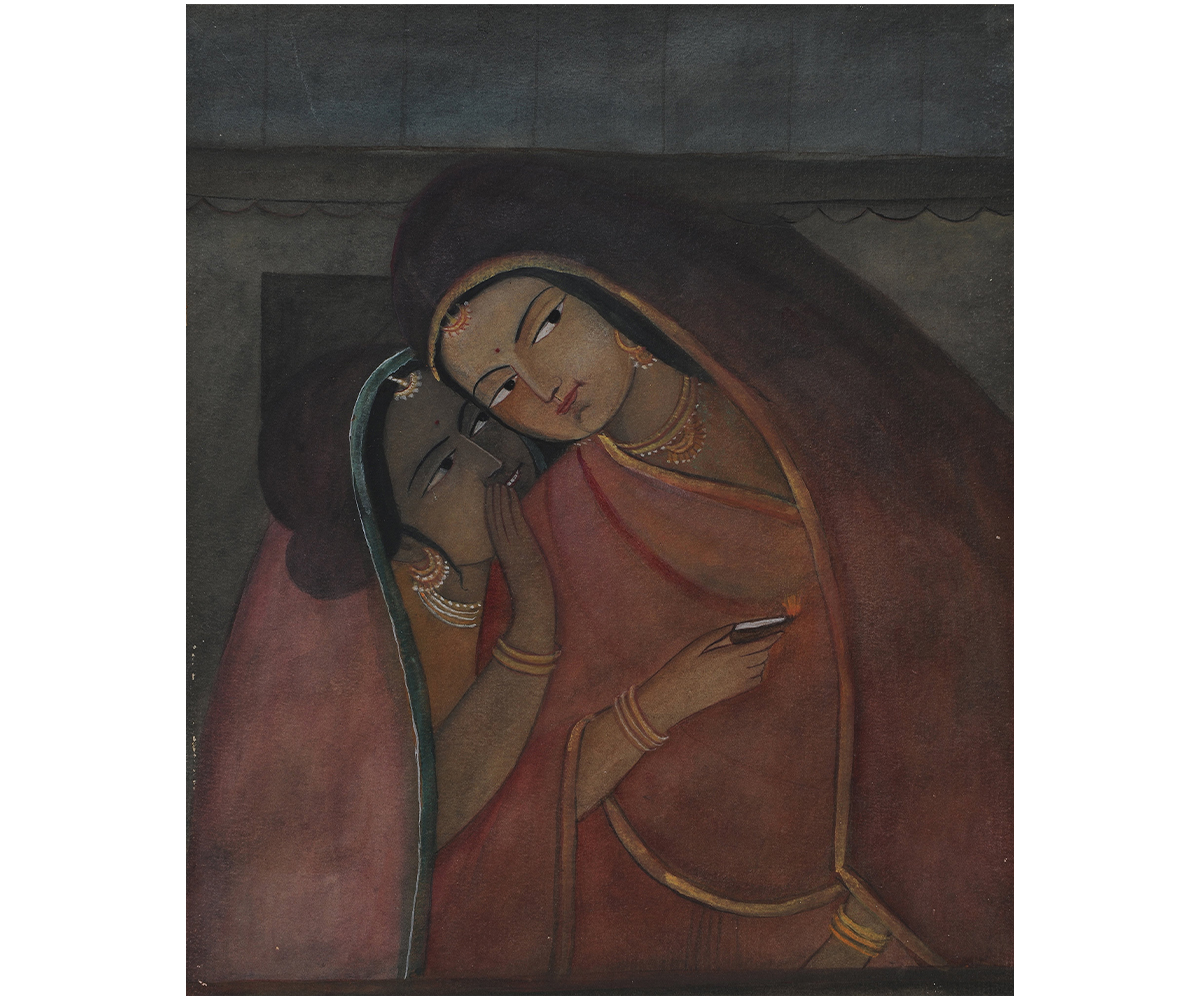 Panting by Sunayani Devi showing Krishna dressed as a woman in a saree whispering into Radha's ear as she holds a small lamp