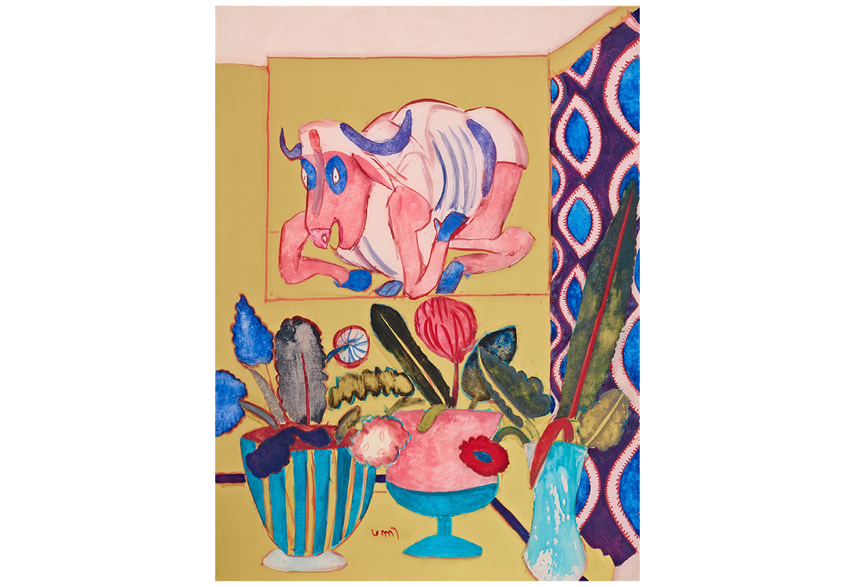 Painting by KG Subramanyam showing pots of flowers and a pink cow against a yellow background