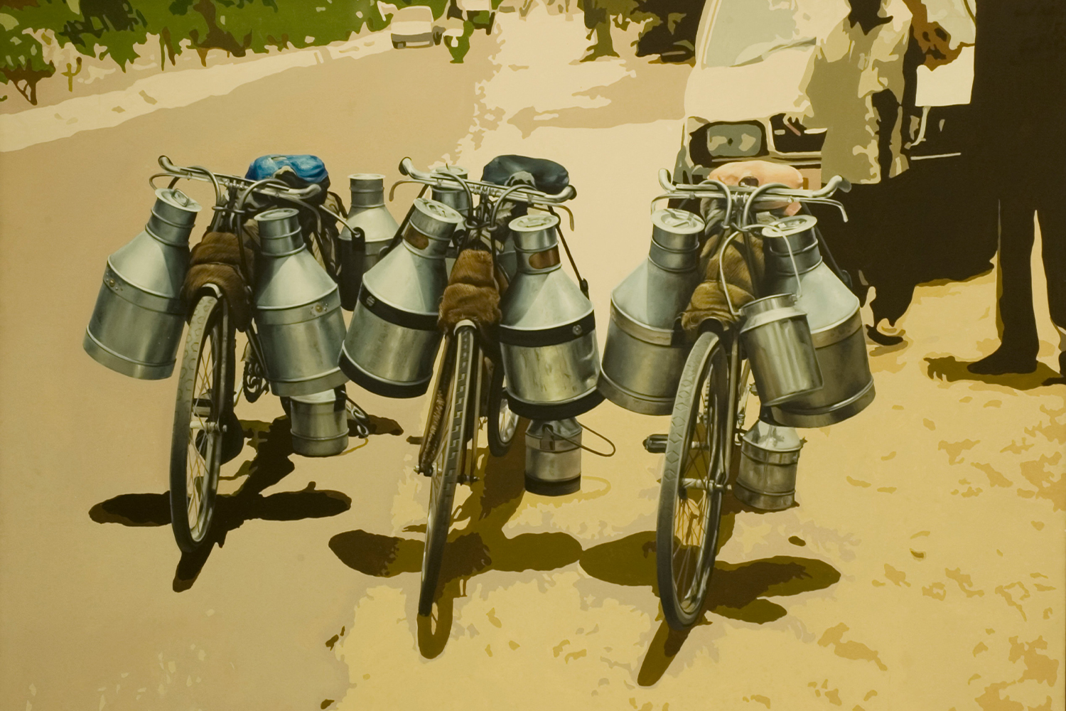 Oil painting by Subodh Gupta titled Three Cows showing three bicyles laden with milk cans