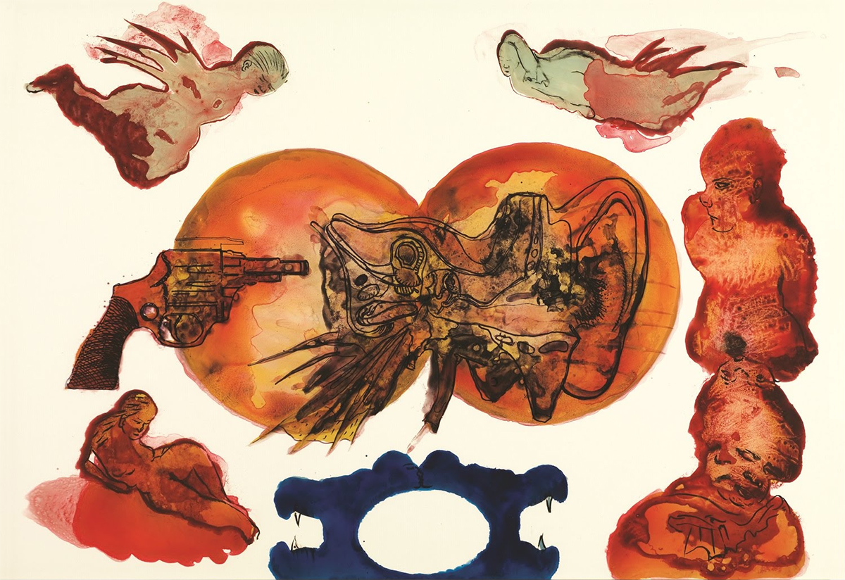 Digital print by Nalini Malani titled Listening to the Shades showing coloured patches with human figures, a revolver and anatomical drawing of ear