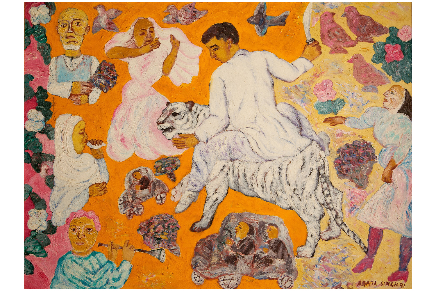 Oil painting by Arpita Singh titled Man on White Tiger with Clay Bird showing a male figure riding a tiger and holding a knife, while other human figures, birds and plants float about in the painting