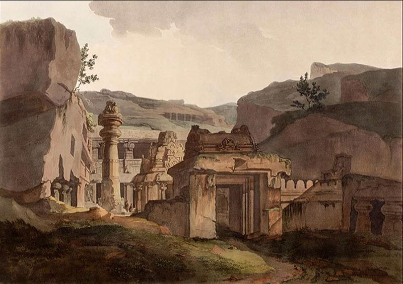 Coloured engraving by Thomas Daniell showing the entrance to the Indra Sabha at Ellora Cave 32, a pillar and small shikhara seen within
