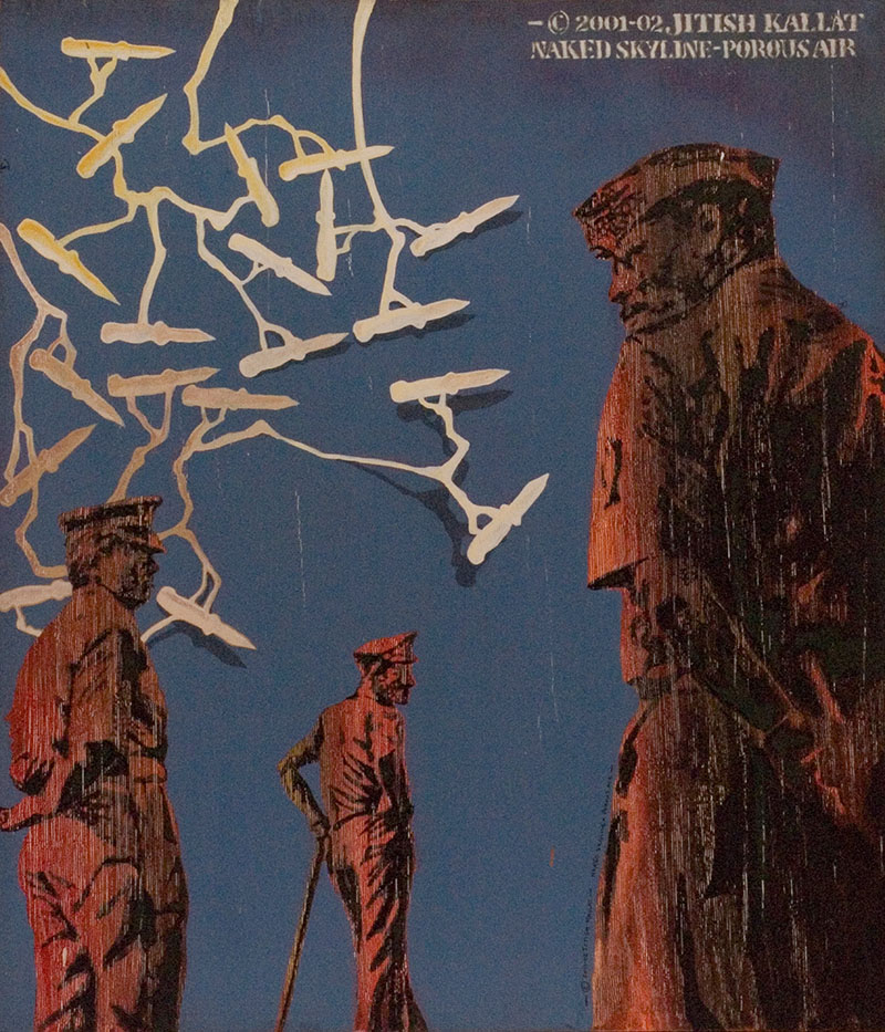 Acrylic painting by Jitish Kallat Naked Skyline - Porous Air showing three policemen