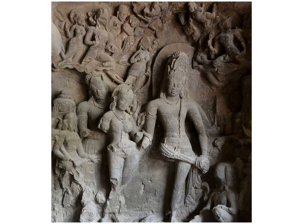 Photograph of Kalyanasundara relief sculpture at Elephanta Cave 1 showing the marriage of Shiva and Parvati