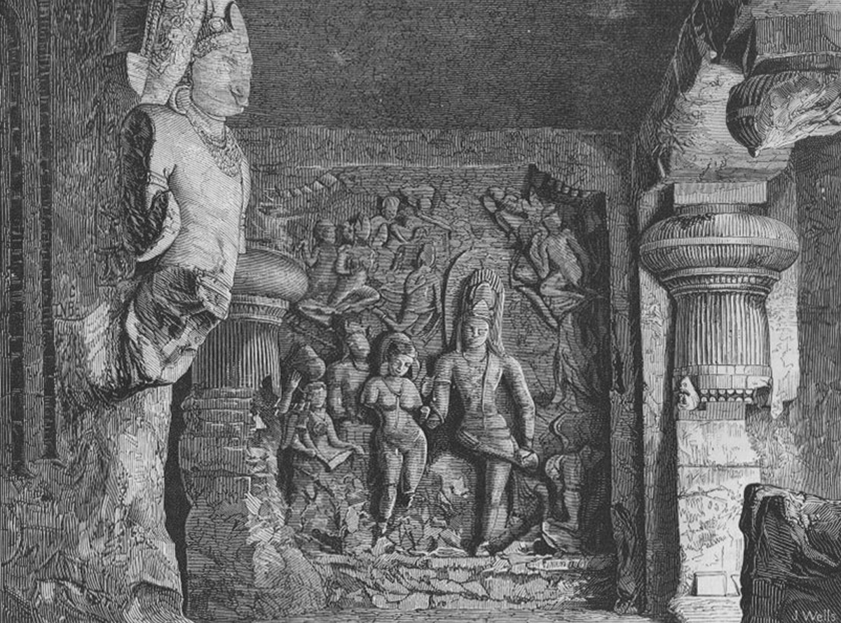 Monochrome etching from the late 19th-century depicting the Kalyasundara relief amidst pilasters and brackets in Elephanta Cave 1